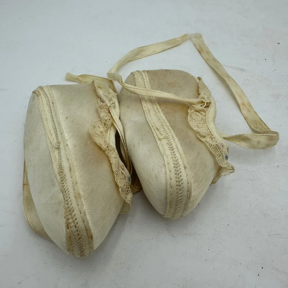 Vintage Baby Shoe Lot Cream Satin Lace Ribbon Yellow Knit Floral Booties 2 Pairs